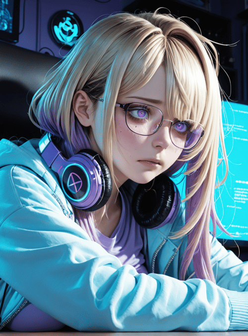 girl, gamer, headphones, monitor, cup, chair, cans