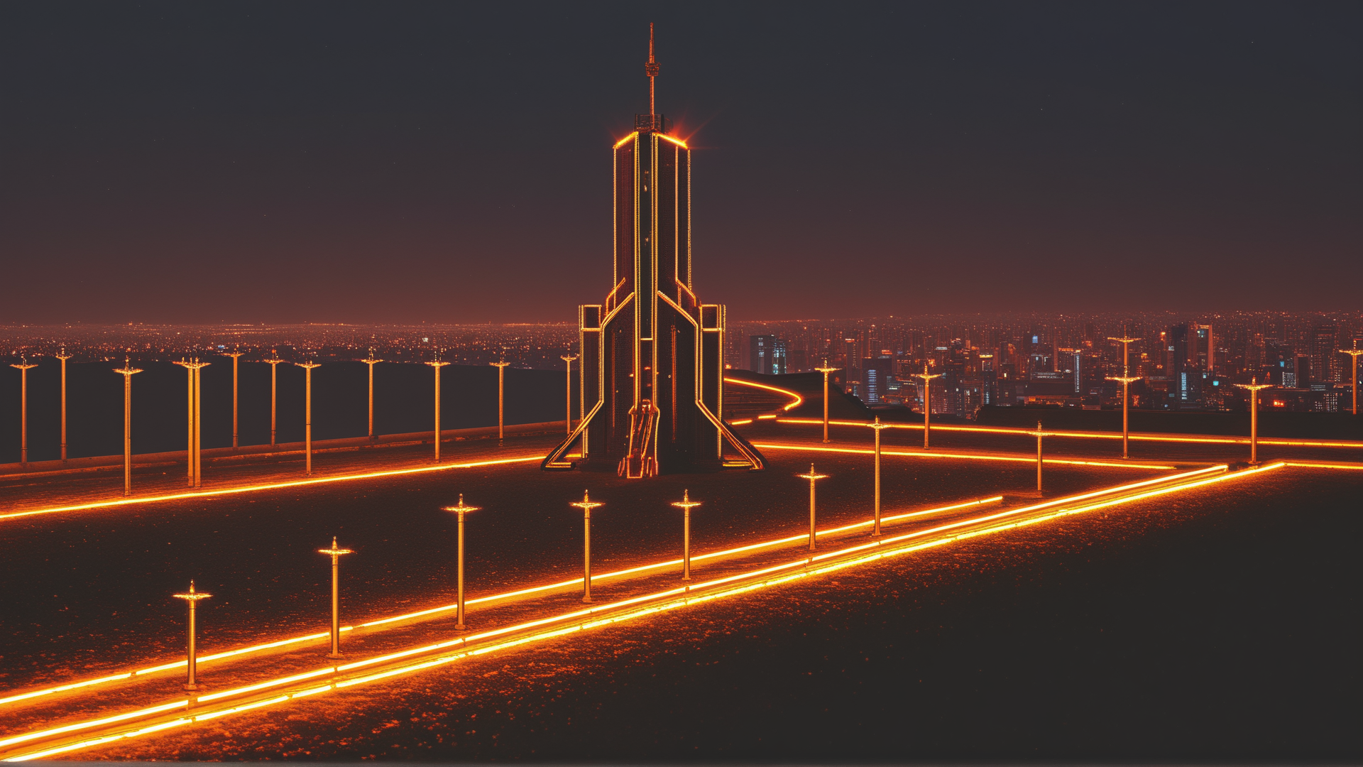 AI generated wallpaper featuring tower, cityscape, lights, lanterns, road, buildings