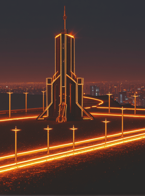 tower, cityscape, lights, lanterns, road, buildings