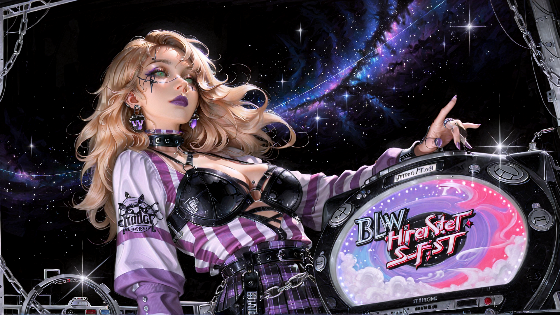 AI generated wallpaper featuring girl, drummer, space, guitar, chains, galaxy, neon, logo, cosmic, music
