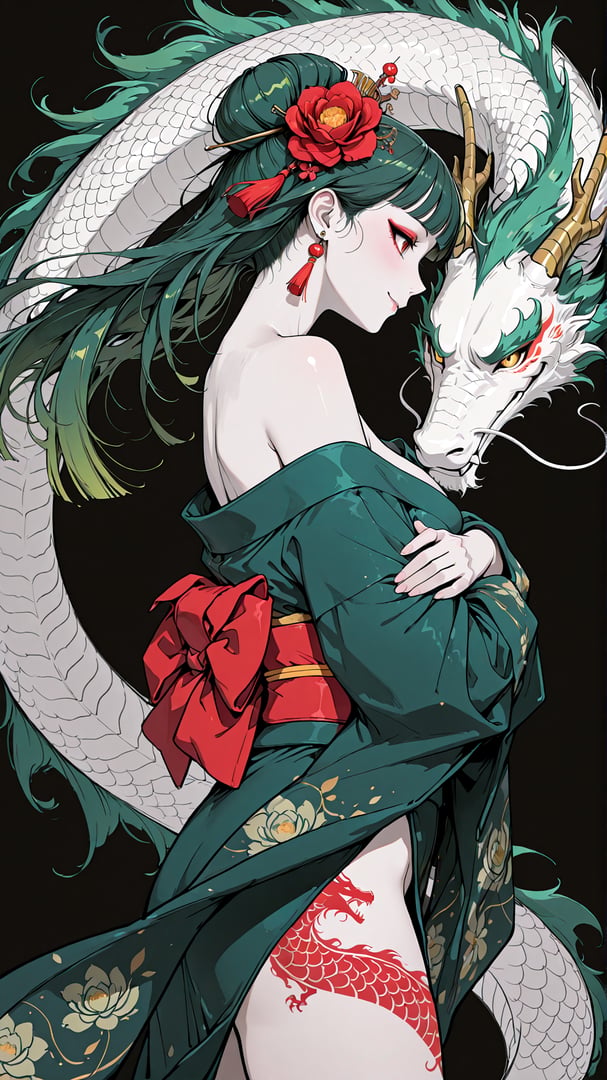 AI generated wallpaper featuring woman, dragon, kimono, flower, tattoo
