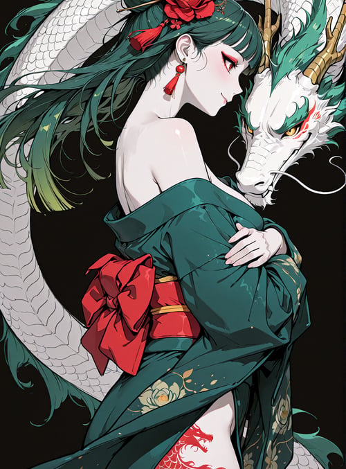 woman, dragon, kimono, flower, tattoo