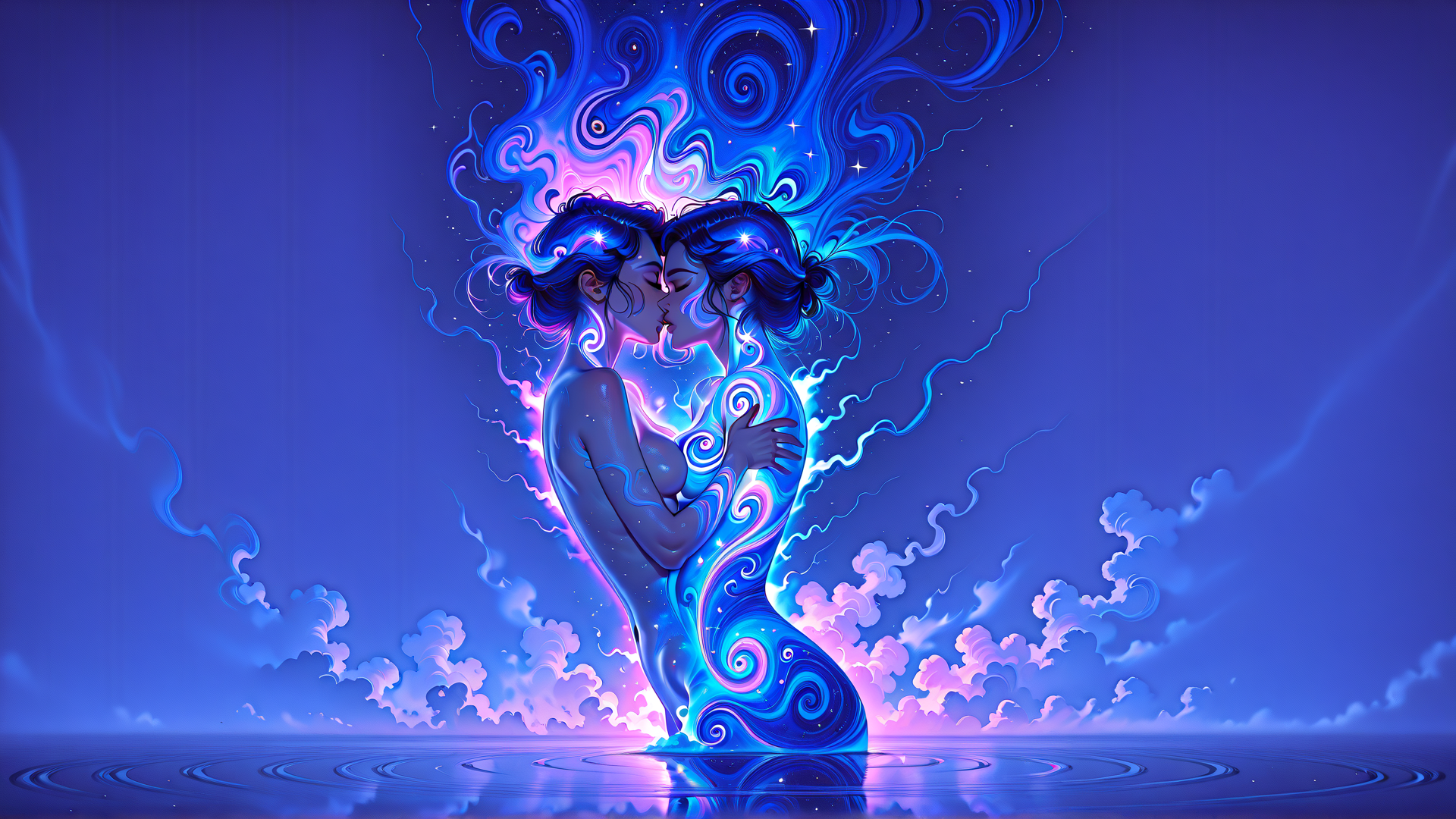 AI generated wallpaper featuring couple, kiss, glowing, spirals, stars, clouds, water