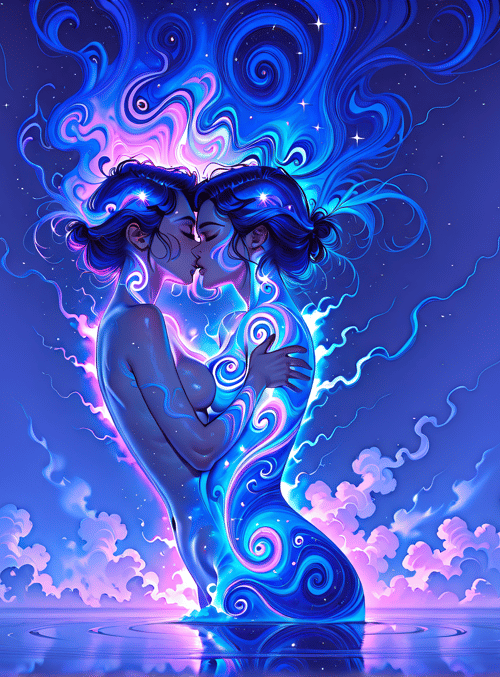 couple, kiss, glowing, spirals, stars, clouds, water