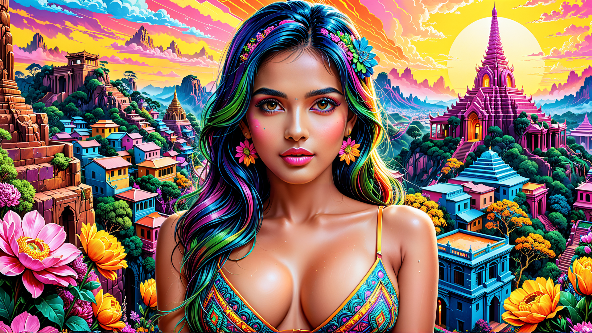 AI generated wallpaper featuring woman, floral crown, rainbow hair, ancient city, temple, flowers, bikini, mountains, sunrise, sunset