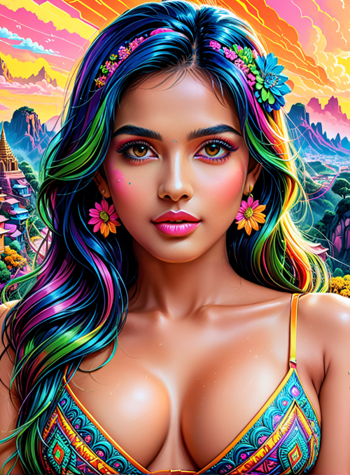 woman, floral crown, rainbow hair, ancient city, temple, flowers, bikini, mountains, sunrise, sunset