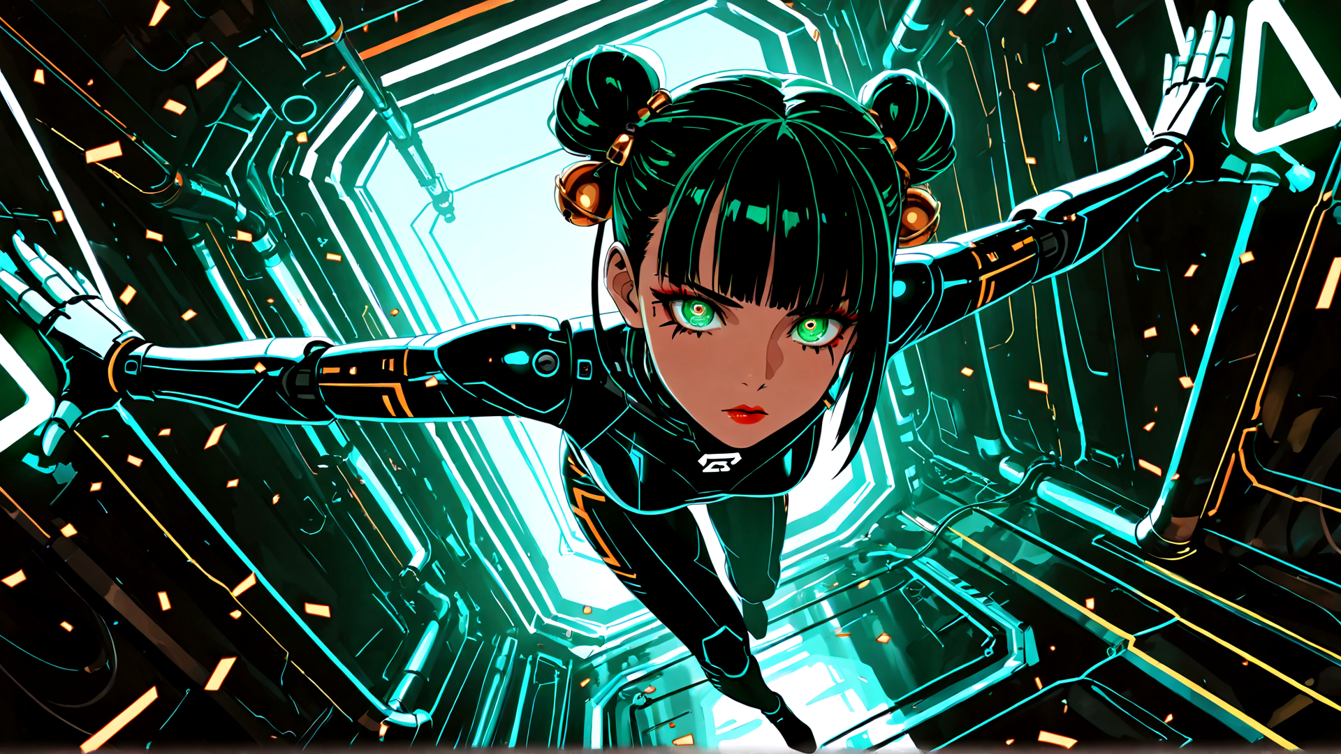 AI generated wallpaper featuring cyborg, girl, robotic arms, buns, neon, space station