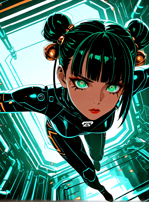 cyborg, girl, robotic arms, buns, neon, space station