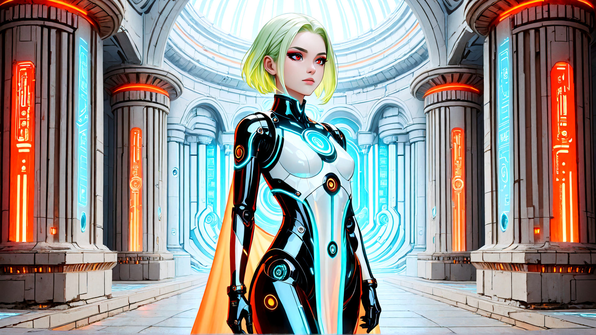 AI generated wallpaper featuring robot, woman, cyborg, futuristic, character