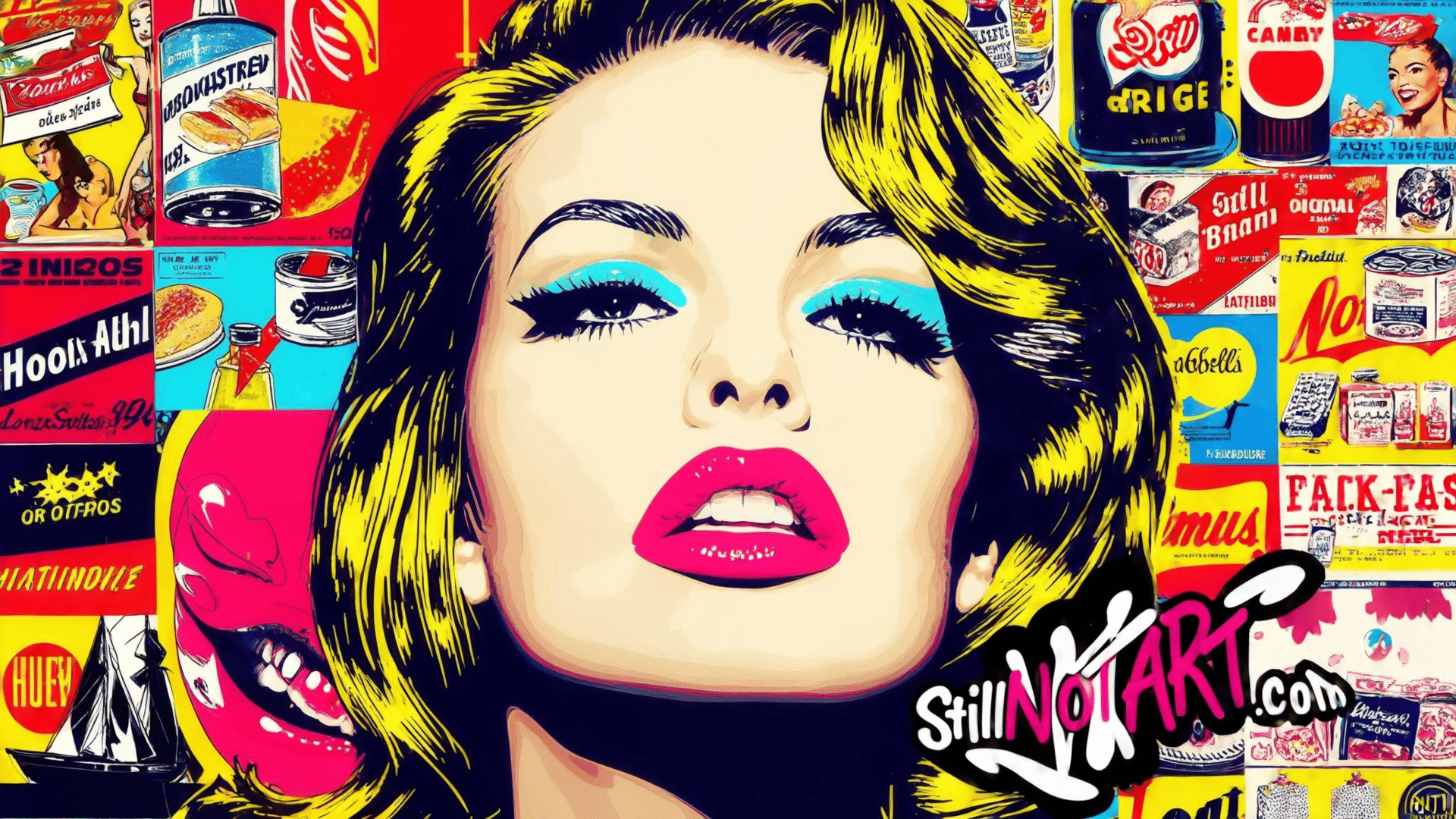 AI generated wallpaper featuring woman, posters, advertisements