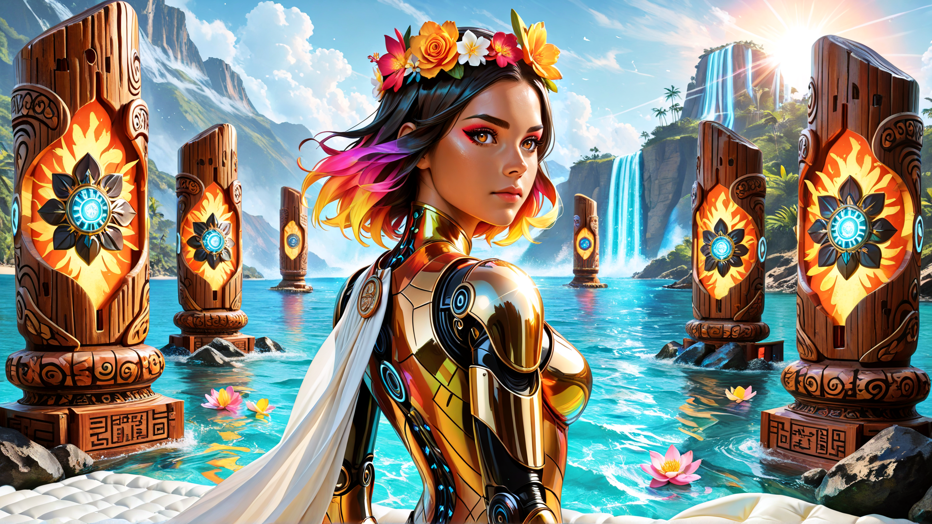 AI generated wallpaper featuring woman, tiki totem, water, flower crown, armor, lotus, waterfall, mountain, sunset, sun