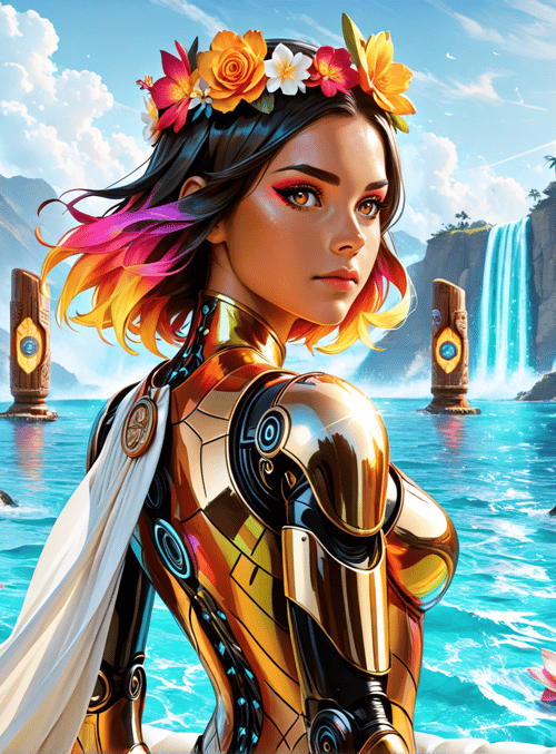 woman, tiki totem, water, flower crown, armor, lotus, waterfall, mountain, sunset, sun