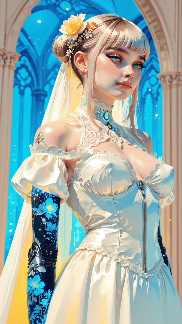 AI generated wallpaper featuring woman, bridal, veil, dress, flower, tattoo, gloves