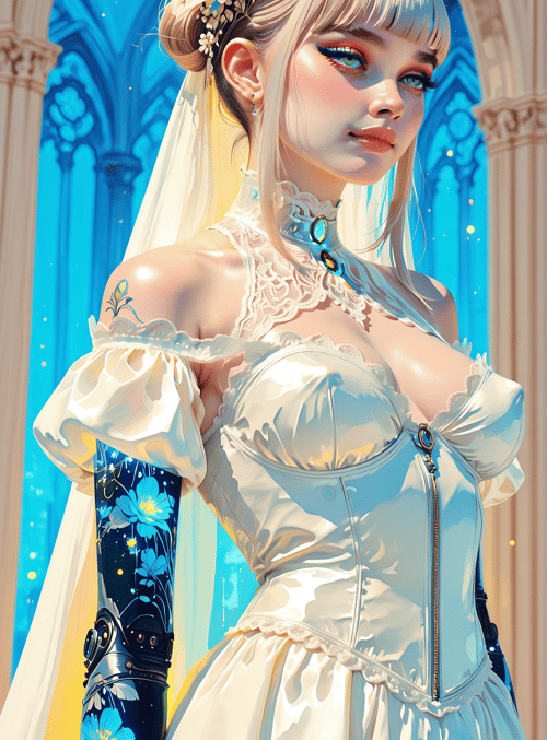 woman, bridal, veil, dress, flower, tattoo, gloves