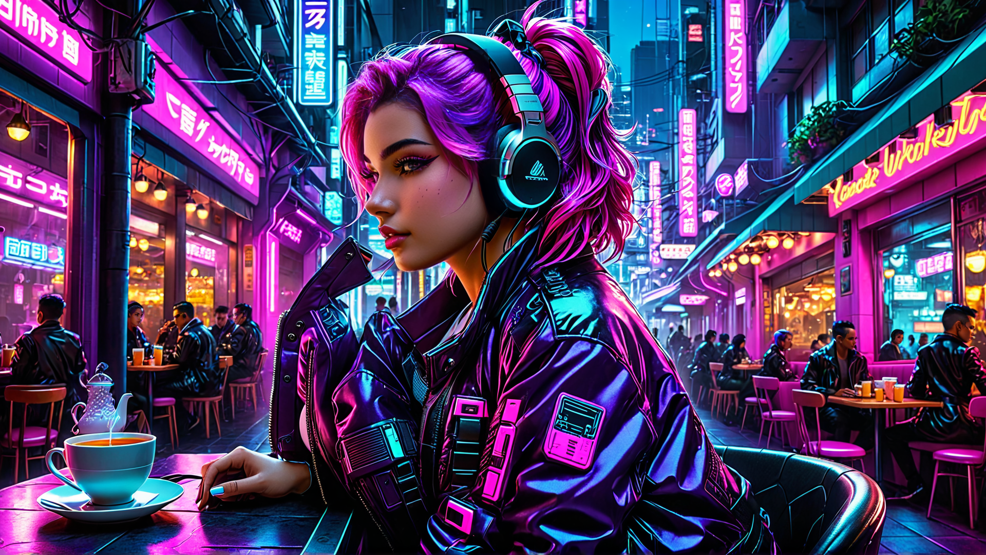 AI generated wallpaper featuring woman, cyberpunk, street