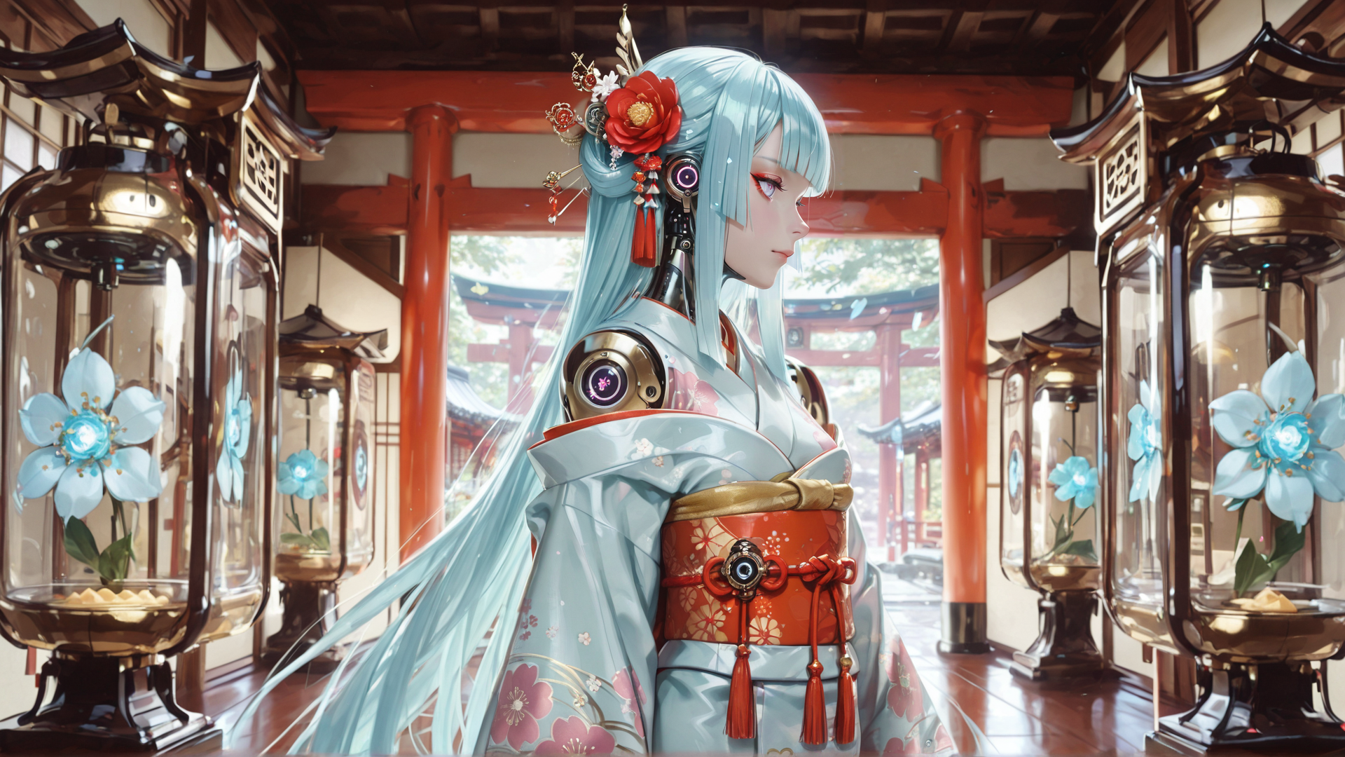 AI generated wallpaper featuring cyberpunk, geisha, robot, kimono, flower, lantern, sakura, cherry blossom, mechanical, anime