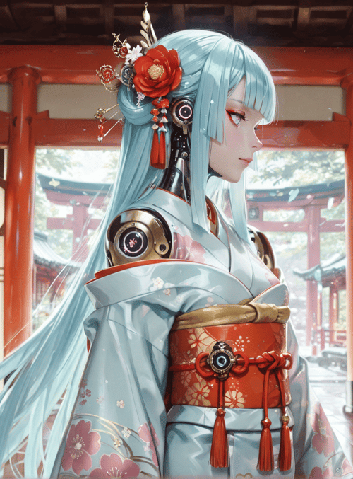 cyberpunk, geisha, robot, kimono, flower, lantern, sakura, cherry blossom, mechanical, anime