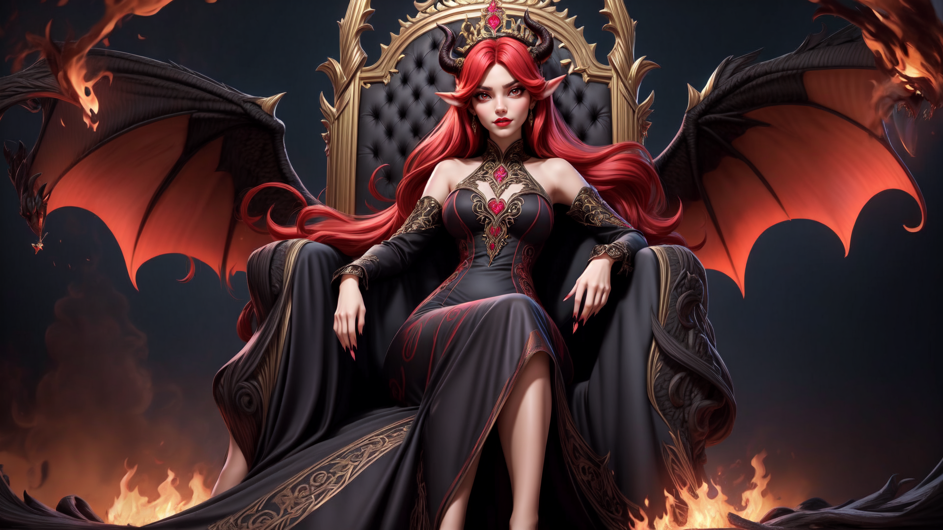 AI generated wallpaper featuring dragon, queen, elf, goddess, fire, wings, crown, dress, throne, flames