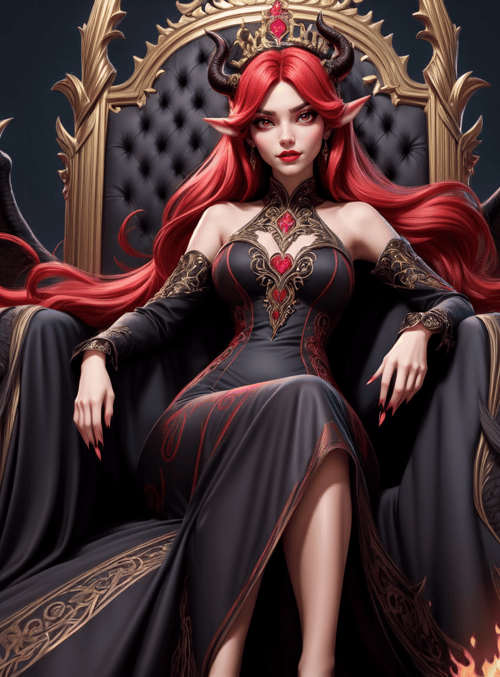 dragon, queen, elf, goddess, fire, wings, crown, dress, throne, flames