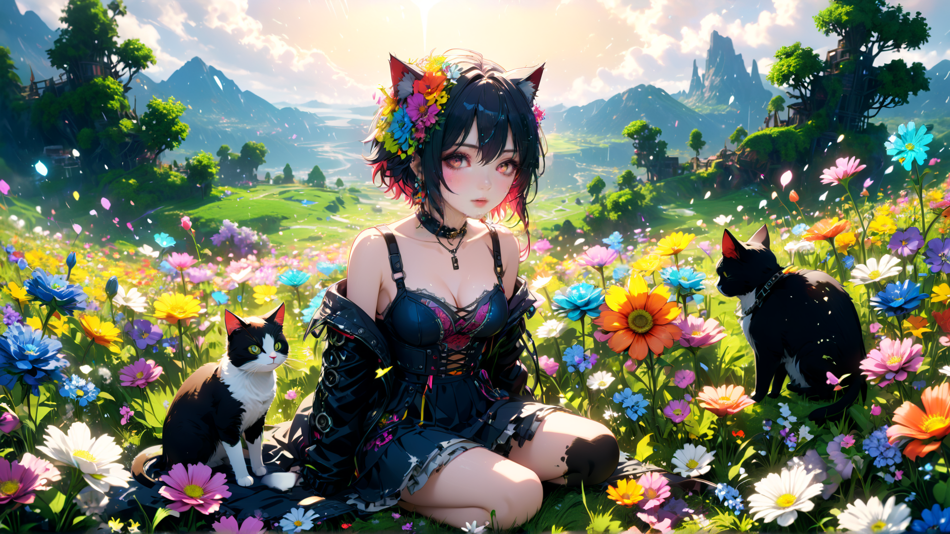 AI generated wallpaper featuring cat girl, cat, flowers