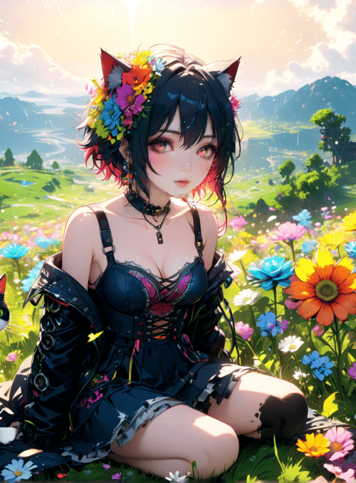 cat girl, cat, flowers