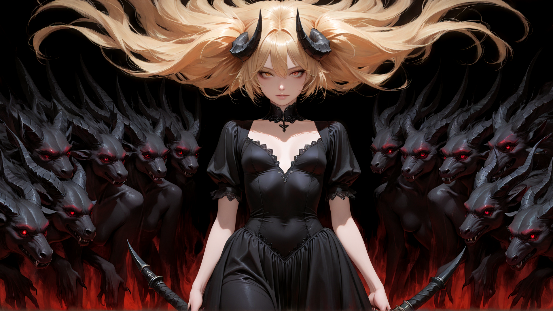 AI generated wallpaper featuring woman, demons, horns, swords, dress