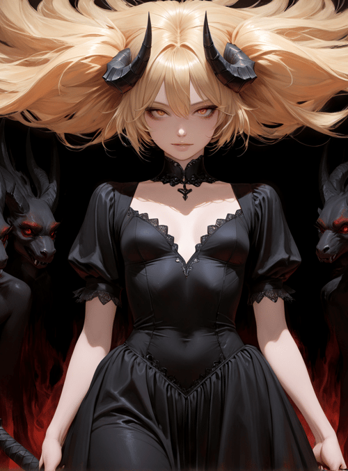 woman, demons, horns, swords, dress