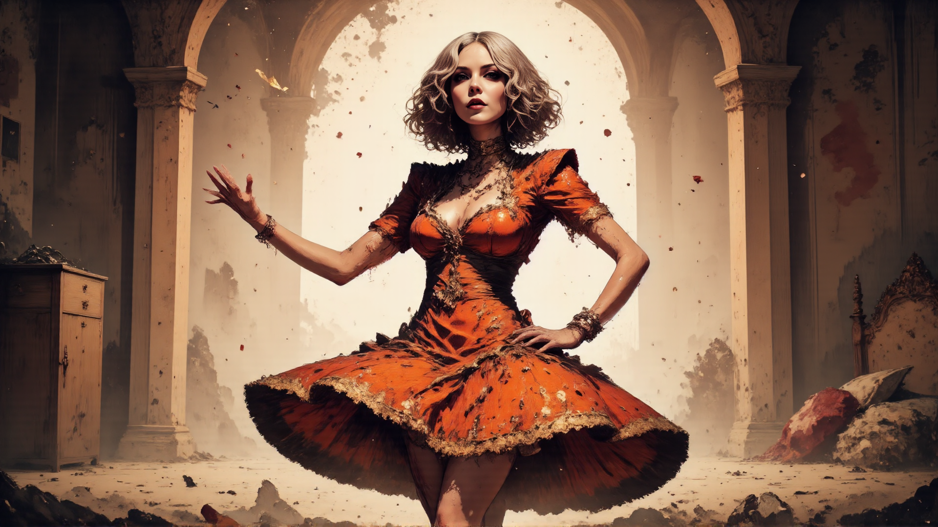 AI generated wallpaper featuring woman, dress, ruins