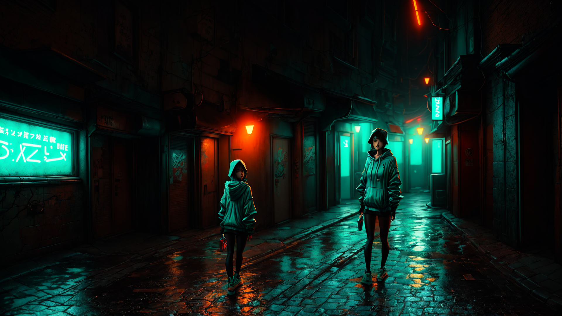 AI generated wallpaper featuring people, alley, neon