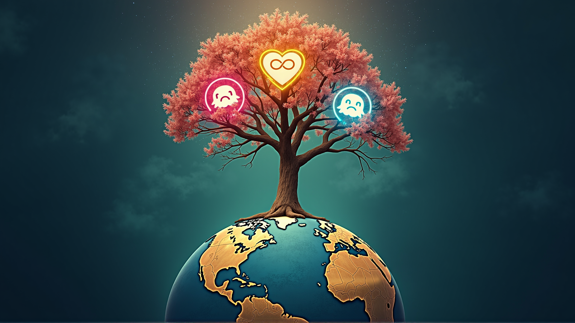 AI generated wallpaper featuring tree, earth, heart, ghost, infinity