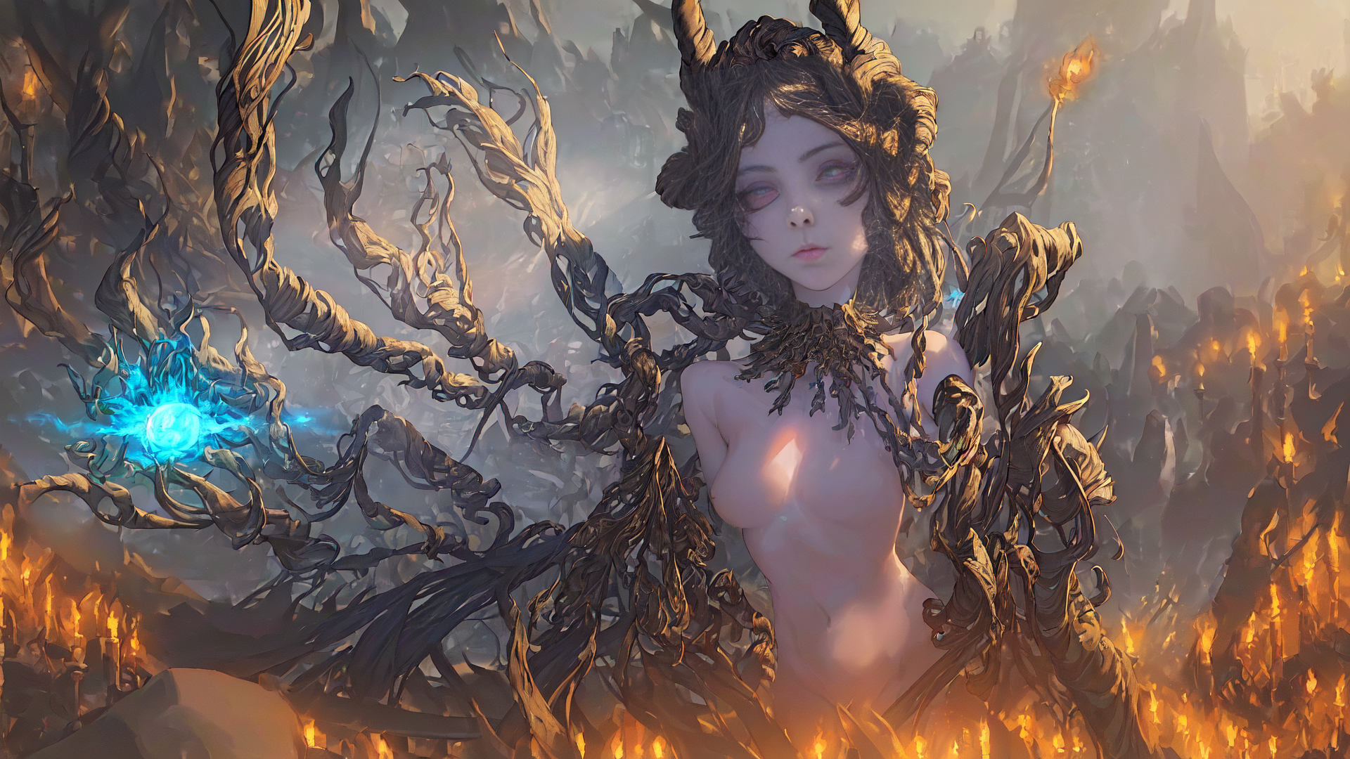 AI generated wallpaper featuring fertility goddess, plant-like figure, mythological entity