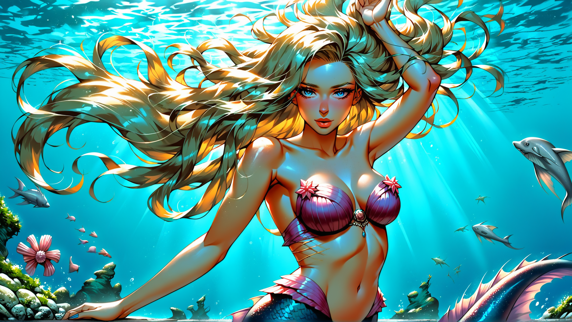 AI generated wallpaper featuring mermaid, fish, dolphin, seaweed, sunlight, coral, flower, water, sunbeam, tail