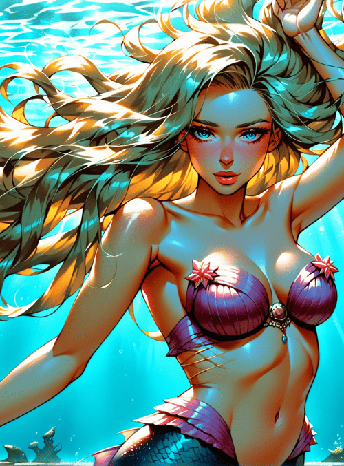 mermaid, fish, dolphin, seaweed, sunlight, coral, flower, water, sunbeam, tail