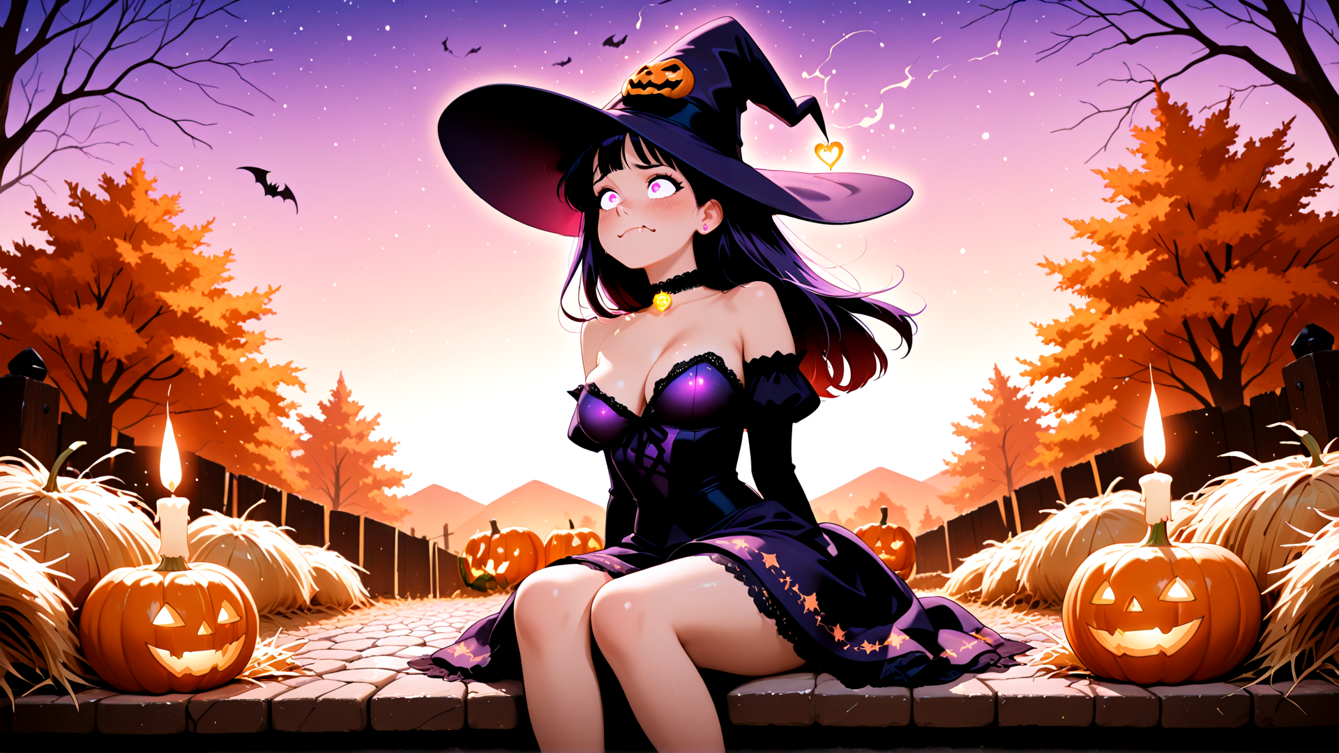 AI generated wallpaper featuring witch, pumpkin, candle, tree, fence, bat, sky, halloween, dress, moon