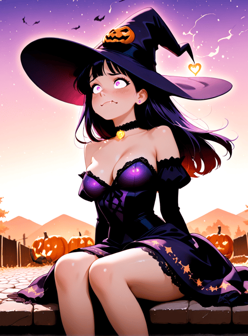 witch, pumpkin, candle, tree, fence, bat, sky, halloween, dress, moon