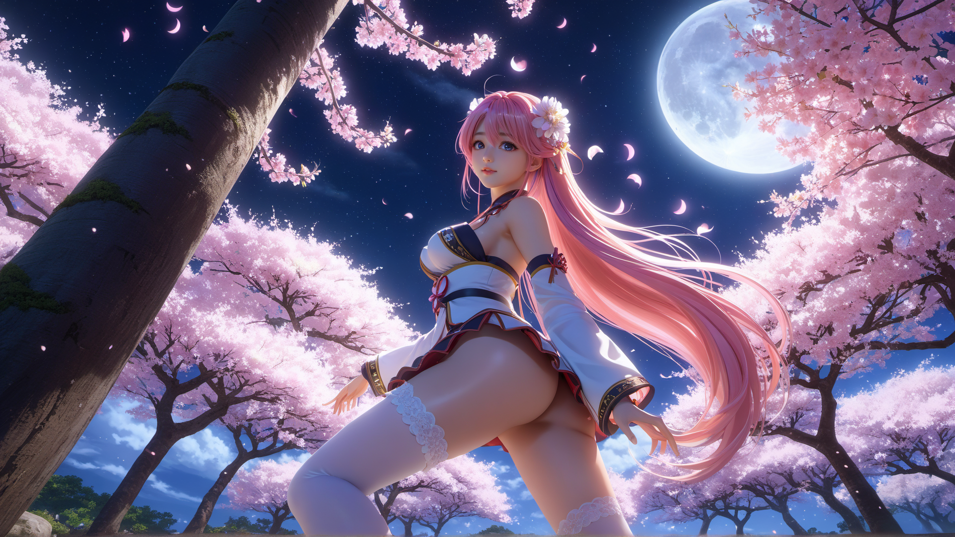 AI generated wallpaper featuring anime girl, cherry blossoms, moon