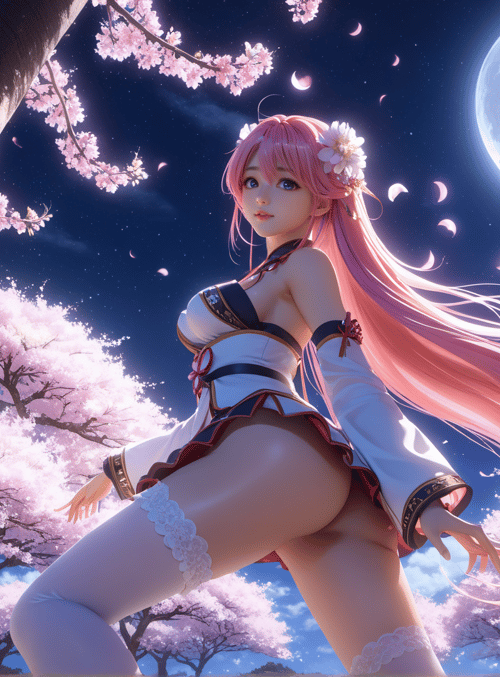 anime girl, cherry blossoms, moon