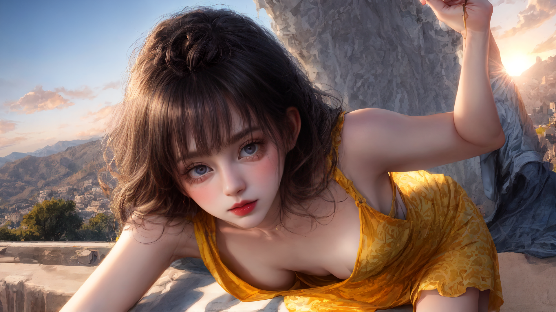 AI generated wallpaper featuring woman, sun, mountains