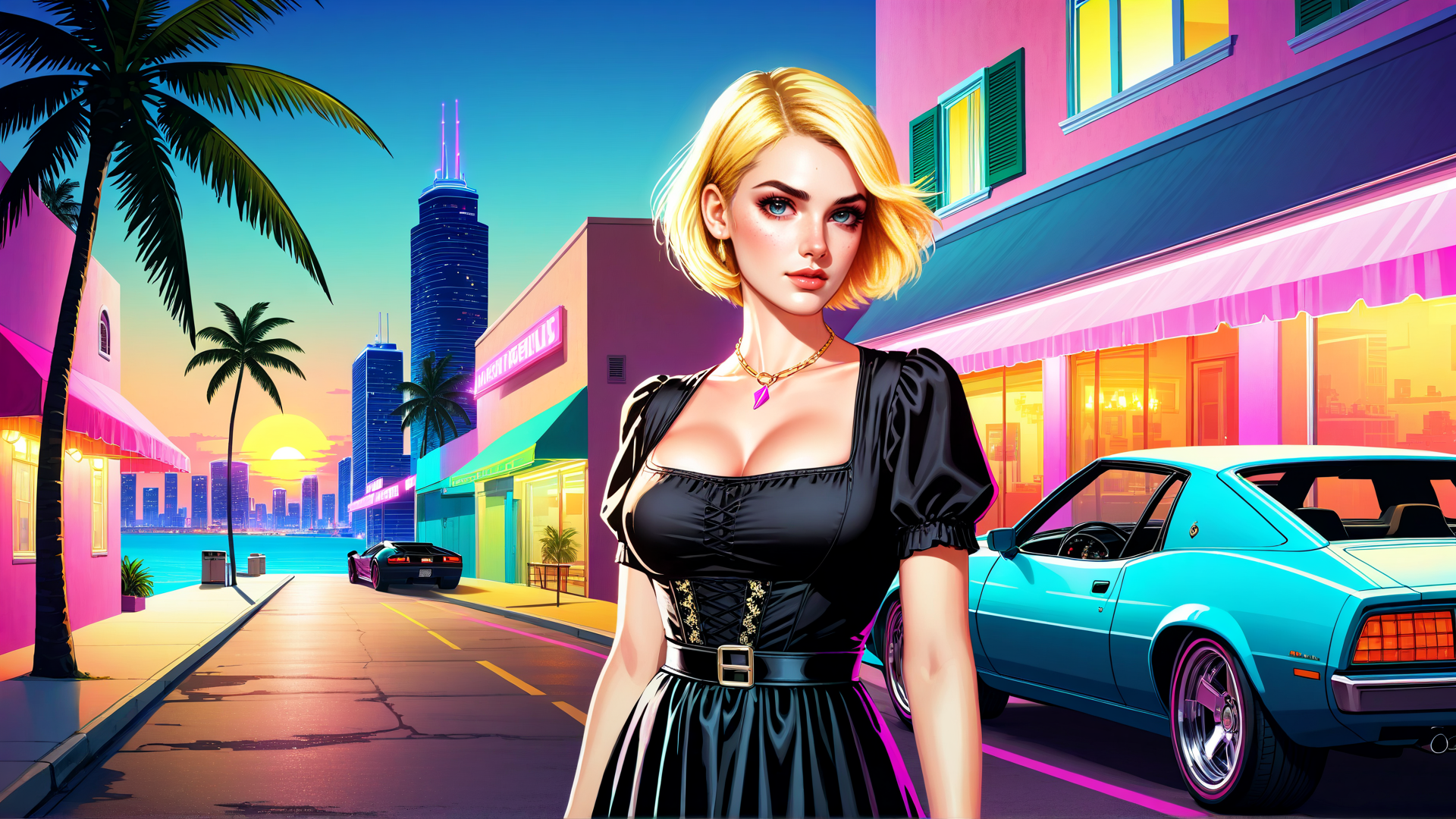 AI generated wallpaper featuring woman, car, palm tree, building