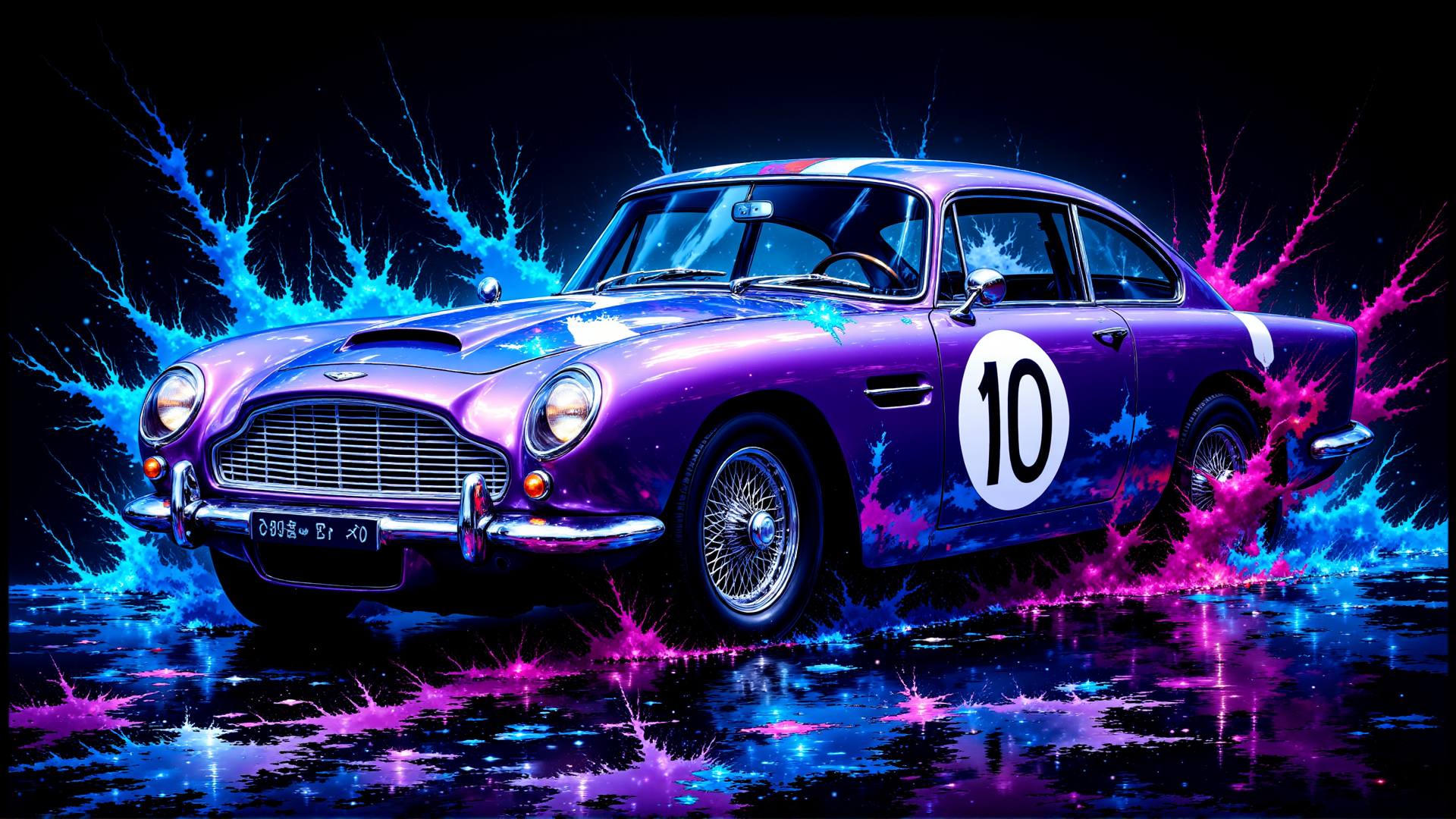 AI generated wallpaper featuring car, classic car, sports car, aston martin, race car, number 10, vintage car