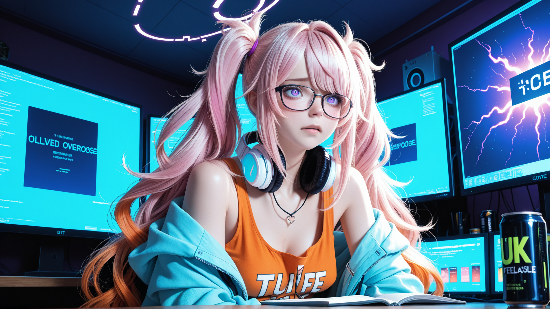 AI generated wallpaper featuring girl, gamer, anime, student, computer, headphones, monitor, book, can, neon