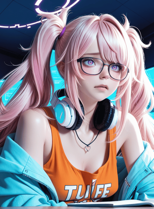 girl, gamer, anime, student, computer, headphones, monitor, book, can, neon