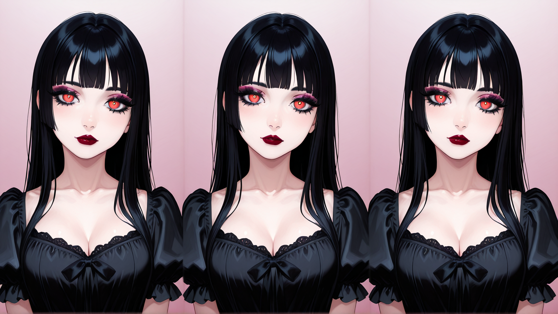 AI generated wallpaper featuring woman, anime, character, three, portrait, black, hair, dress, red, eyes