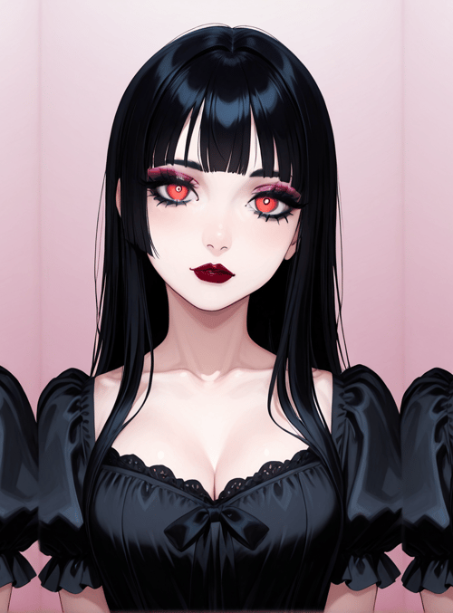 woman, anime, character, three, portrait, black, hair, dress, red, eyes