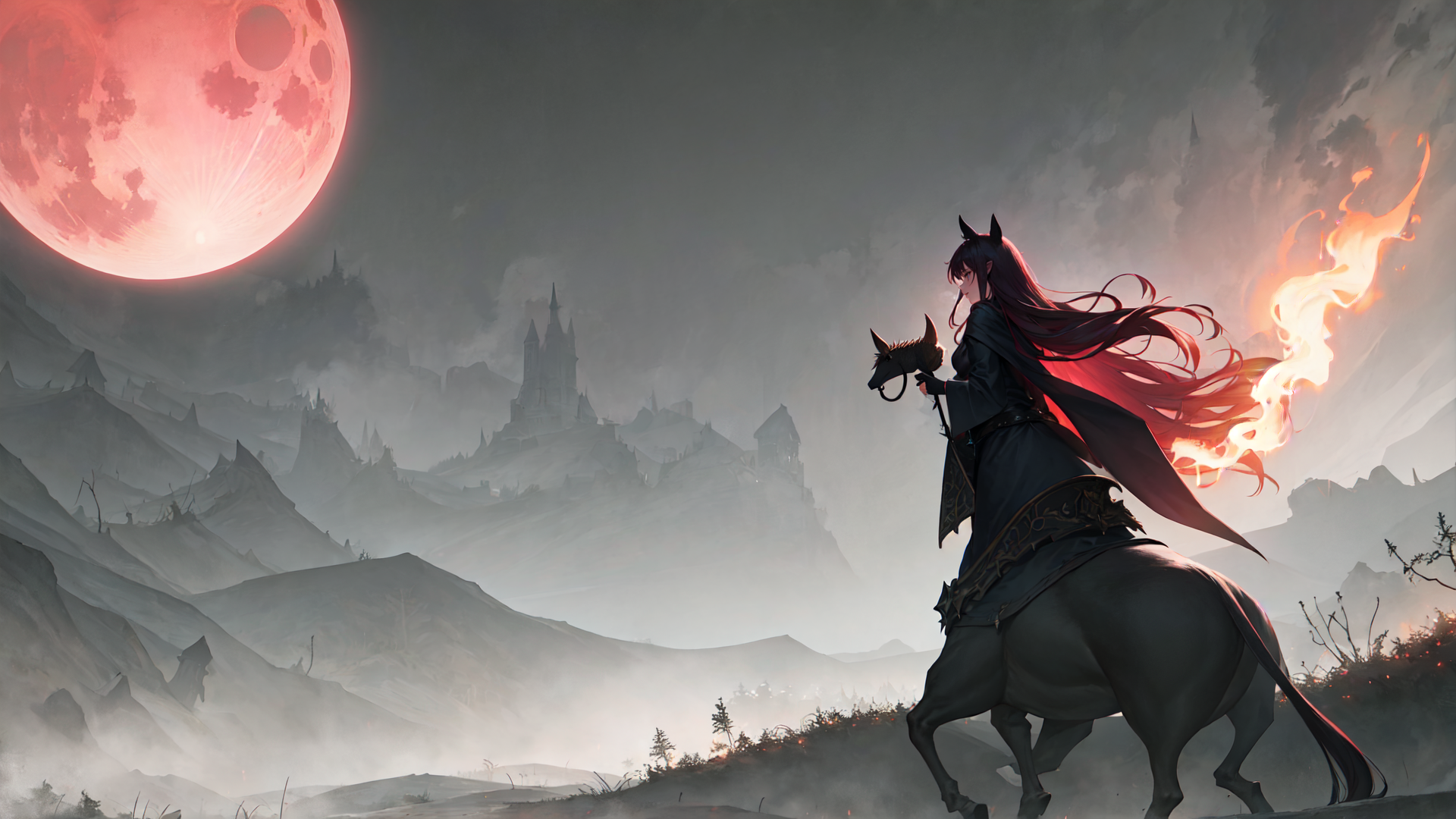 AI generated wallpaper featuring woman, horse, castle, moon, flame, cape