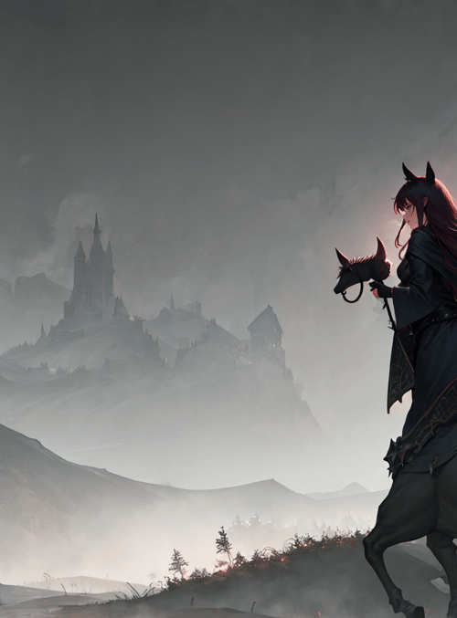 woman, horse, castle, moon, flame, cape