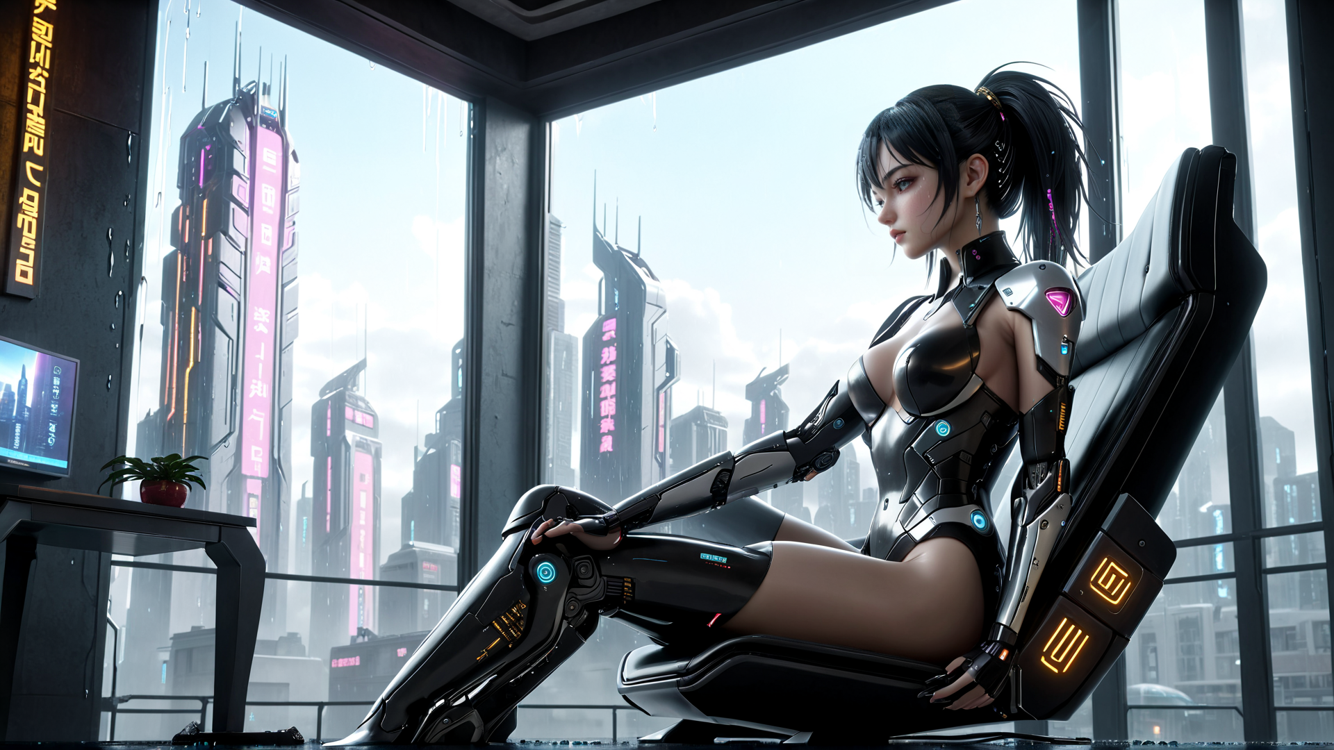 AI generated wallpaper featuring cyborg, woman, cityscape