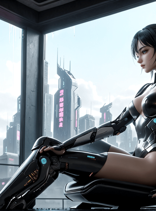 cyborg, woman, cityscape