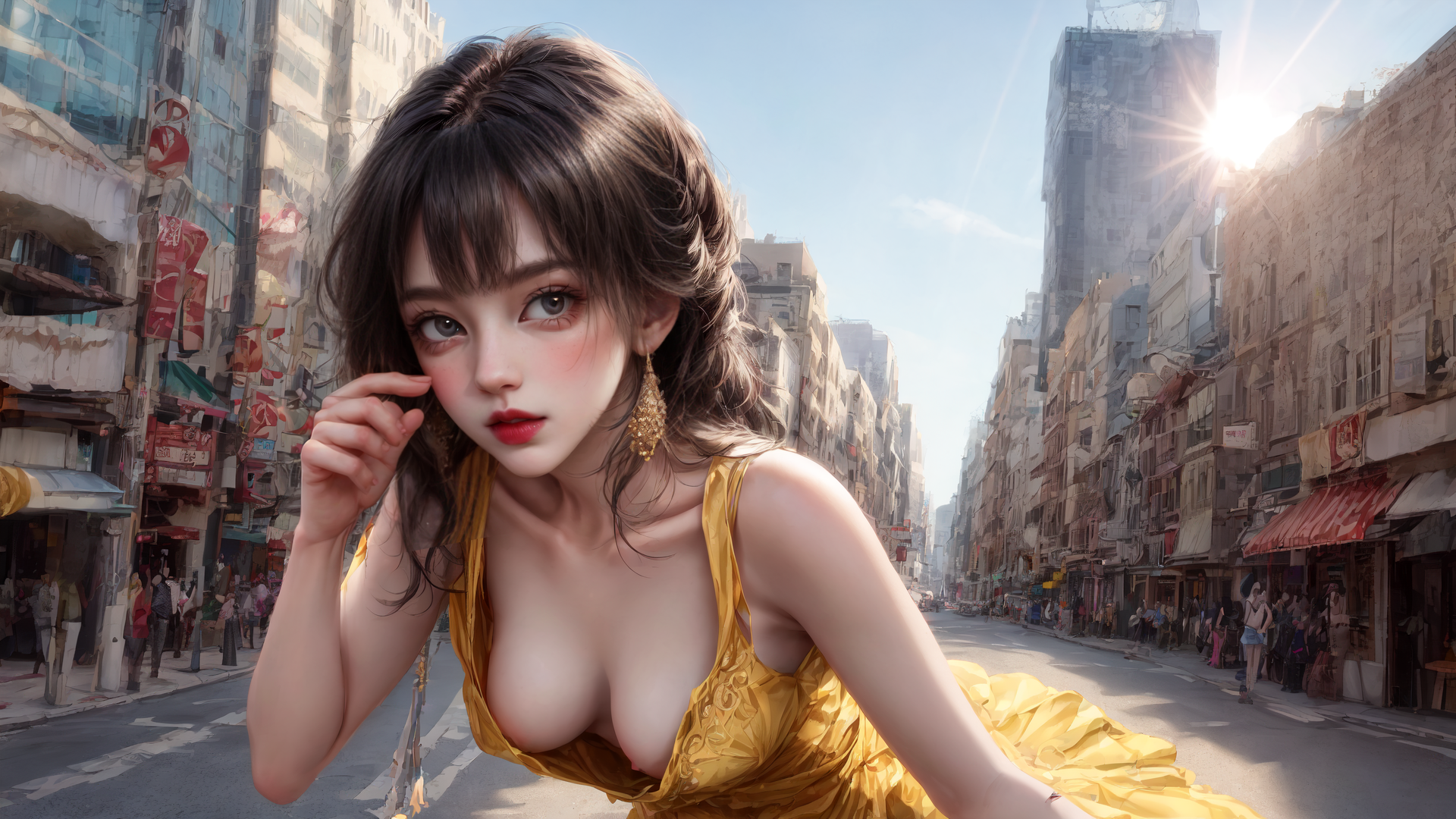 AI generated wallpaper featuring woman, dress, street