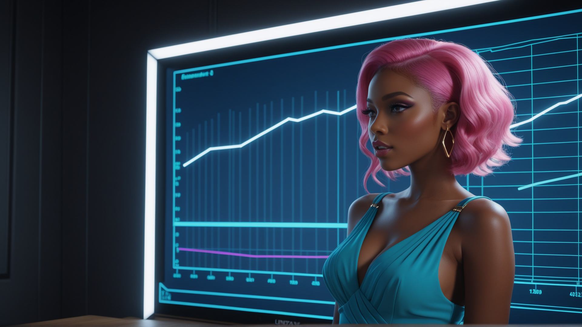 AI generated wallpaper featuring woman, screen, graph, hair, dress